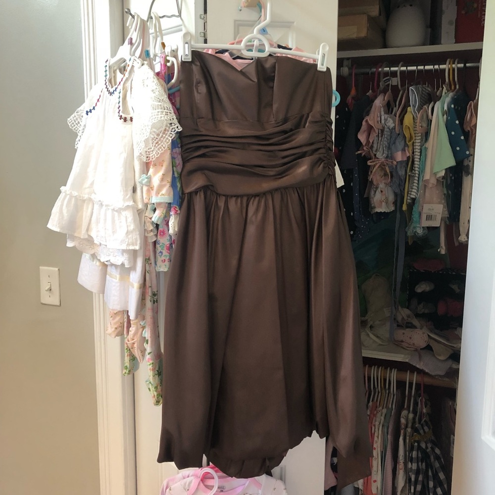 David’s Bridal Shimmery brown bridesmaid dress